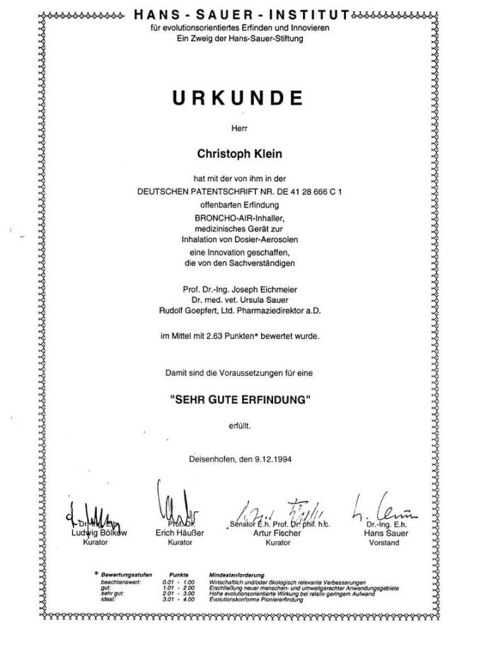 Urkunde des Hans-Sauer-Instituts für Christoph Klein – ausgezeichnet als „sehr gute Erfindung“ für den Broncho-Air Inhaler